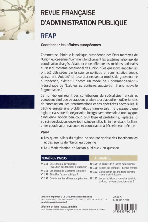 Coordonner les Affaires Européennes. Revue Française d'Administration Publique N°158 -24475