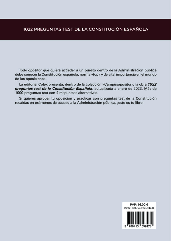 1022 preguntas test de la constitución española - contraportada